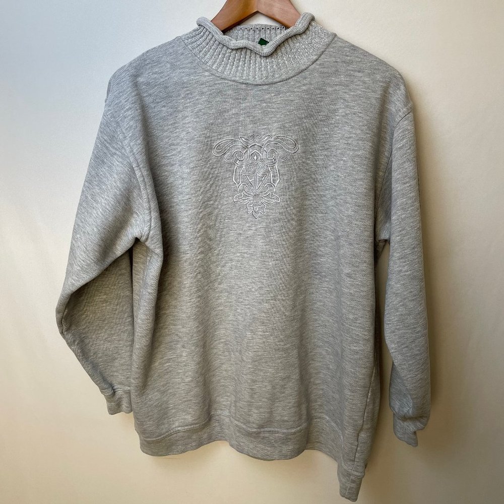 Vintage 90s Womens Hunt Club High Neck Sweatshirt Size L Gray Embroidered